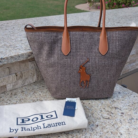 Polo Ralph Lauren Brown Plaid Wool Medium Bellport Tote Handbag w/Dust Bag - Picture 10 of 12